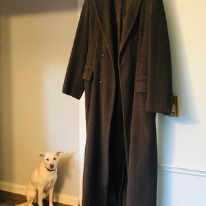 hilary radley winter coat maxi length gray pinstripe